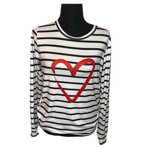 Pixie Lady Striped Heart Long Sleeve Shirt Sz S Valentine Soft Black White Red